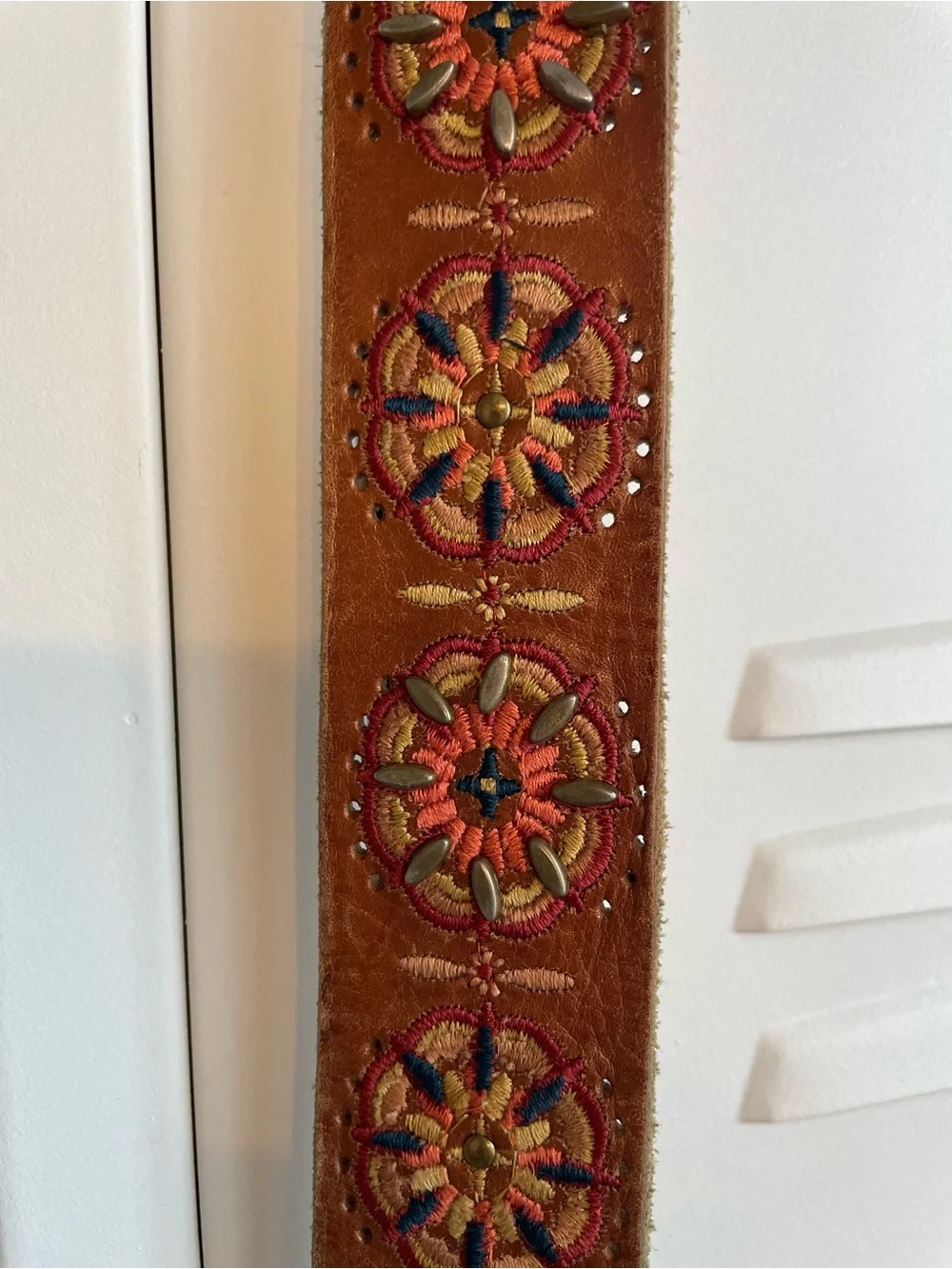 Lucky Brand Leather Embroidered Belt Brass Buckle Size L